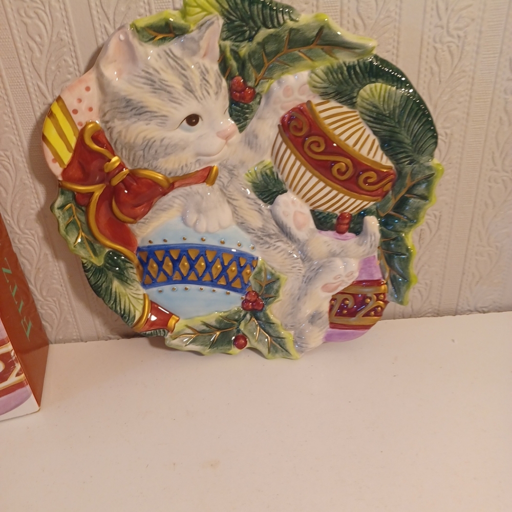 Fitz And Floyd Kristmas Kitty Platter 9 Inch
